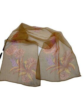 Vena Tan Pink Floral Oblong Scarf 10"x45" Lily